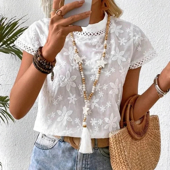 Women Summer Stand Collar Floral Jacquard Short Sleeve Loose Shirt - Picture 4 of 8